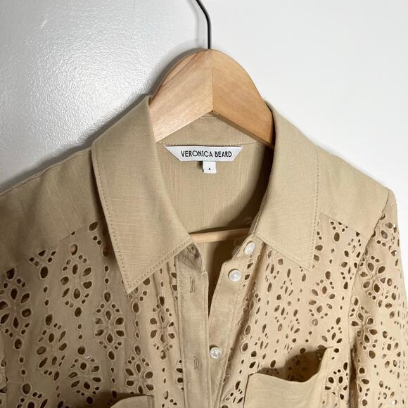 Veronica Beard Rafaela Dress Womens 4 Stone Khaki Eyelet Cotton Pockets Preppy - Picture 7 of 9